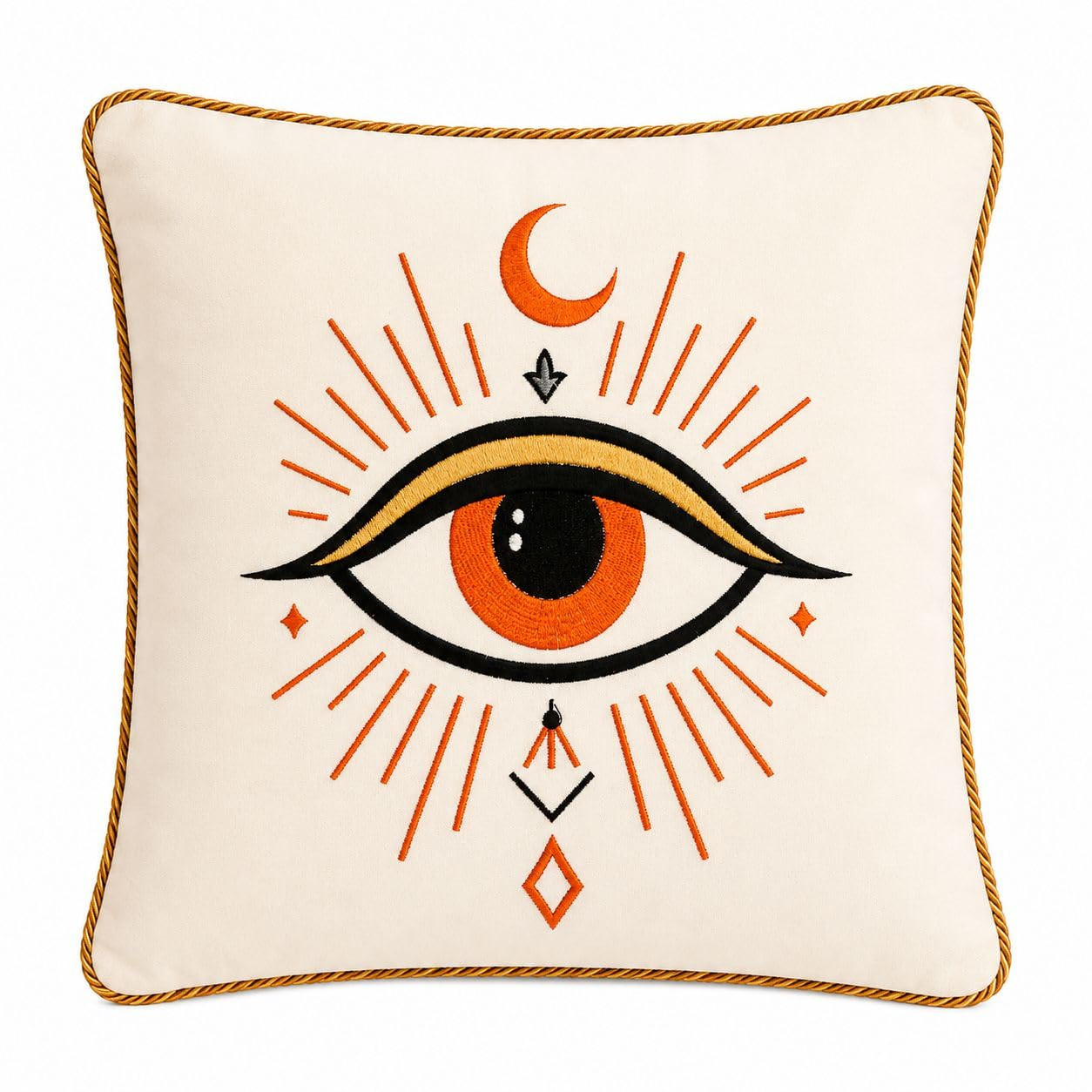 Evil Eye Embroidered Cushion Cover 16x16 Inch Cream Orange | Boho Nazar Protection Pillow Cover with Zipper for Sofa, Living Room, Bedroom & Couch | Pack of 1