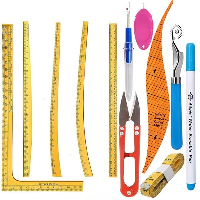 Tailoring Stitching Yellow Fashion Designing Scale Kit Sewing Pattern Making Ruler Set Tools and Accessories Tailor Armhole Curve Ruler, Dressmaker Yardstick Tools Set of 12