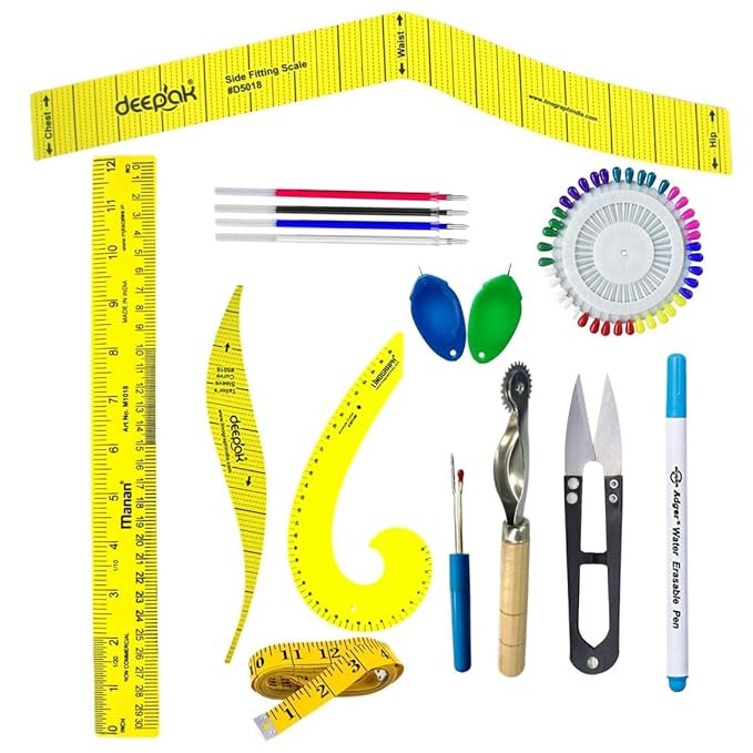 S S Mart 12-Piece Tailoring & Sewing Kit - Includes Hip Scale, Straight, French Curve, Arm Hole scale, Measuring Tape, Tracing Wheel, Seam Ripper, Threader, Cutter, Tailors Pins, and Fabric Erasable Pen