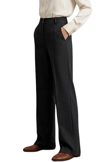 Women's High-Waist Slim Fit Cotton Blend Fabric Formal Trousers with Back Elastic & Dual-Button Closure