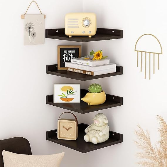 Engineered Wood Corner Wall Mounted Floating Shelves Set of 4 - Modern Corner Shelf Rack for Living Room, Bedroom & Office Space Saving Decorative Wall Shelves for Books, Plants (Black)