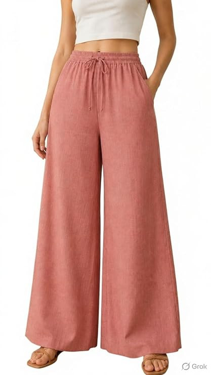 Women's Dusty Pink Wide Leg Palazzo Pants, Elastic Waistband with Drawstring, Linen-Look Fabric, Side Pockets