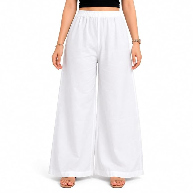 Women Cotton Plazo Pants | White Wide Leg Palazzo for Women | Elastic Waist Comfortable Plazo Pant | Ethnic Wear, Kurti Wear, Summer Palazzo for Girls & Women