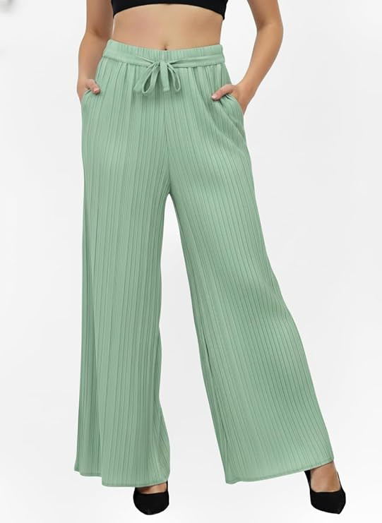 Women's Wide Leg Palazzo Trousers, Ribbed Pleated Style with Tie Waist, Casual Wear