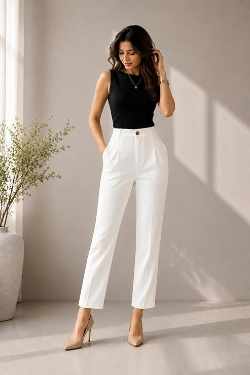 Women’s Formal Straight Fit Cropped Trousers | High Waist Stretch Office Pants | Smart Casual Ankle Length Trouser for Work, Business, Travel