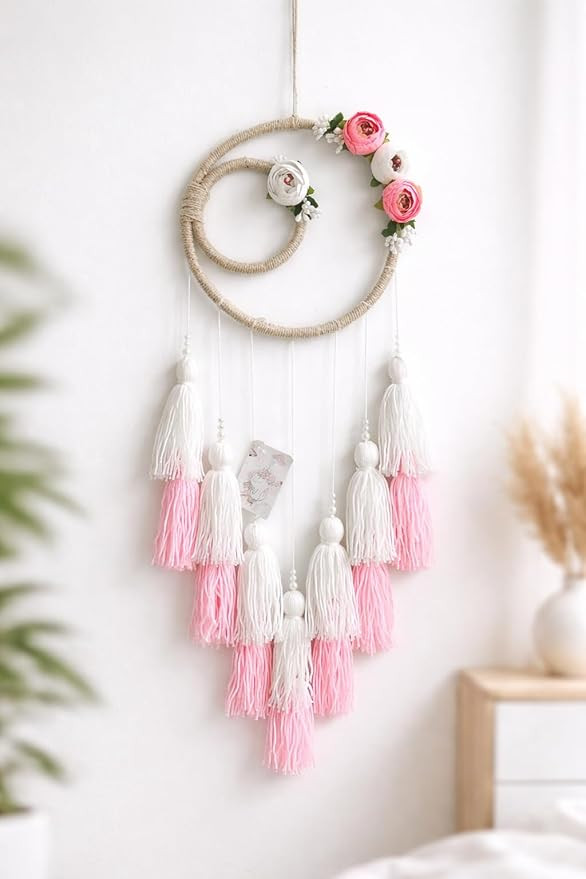 Handmade Floral Dream Catcher Wall Hanging (24 Inch) | Large Boho Dreamcatcher with Tassels & Artificial Flowers | Home Bedroom Living Room Nursery Decor | 8 Inch Ring (White, Pink, Grey)
