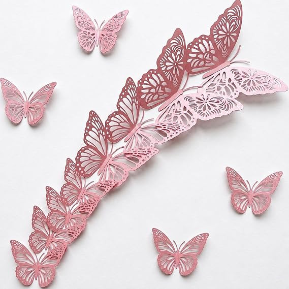 (Pack of 12) 3D Metallic Butterfly Wall Stickers, Art Decor. Removable DIY Paper Butterflies for Living Room, Bedroom, Nursery, Party Decorations, Birthday - Rosegold