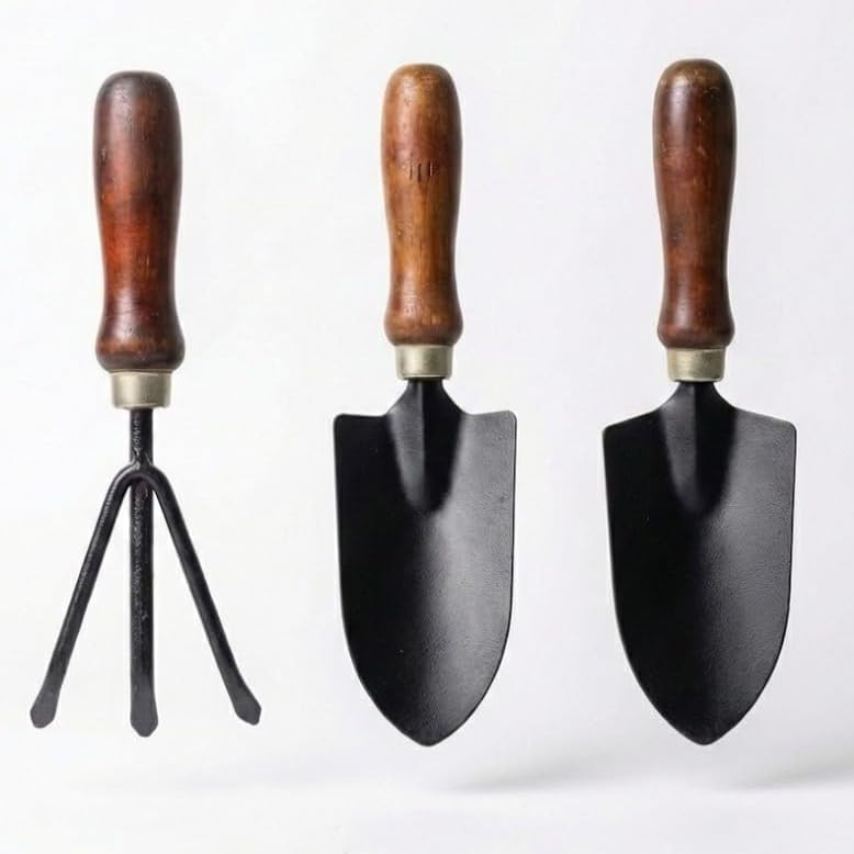 Wooden Handle Garden Tools Soil Work Combo (3 Pieces) | Big Trowel, Small Trowel & Cultivator