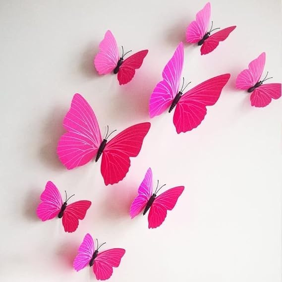 Pink 3D Butterfly Magnet Stickers, Wall Decor, 12 Count, PVC Material, Waterproof, Removable, DIY Decorations