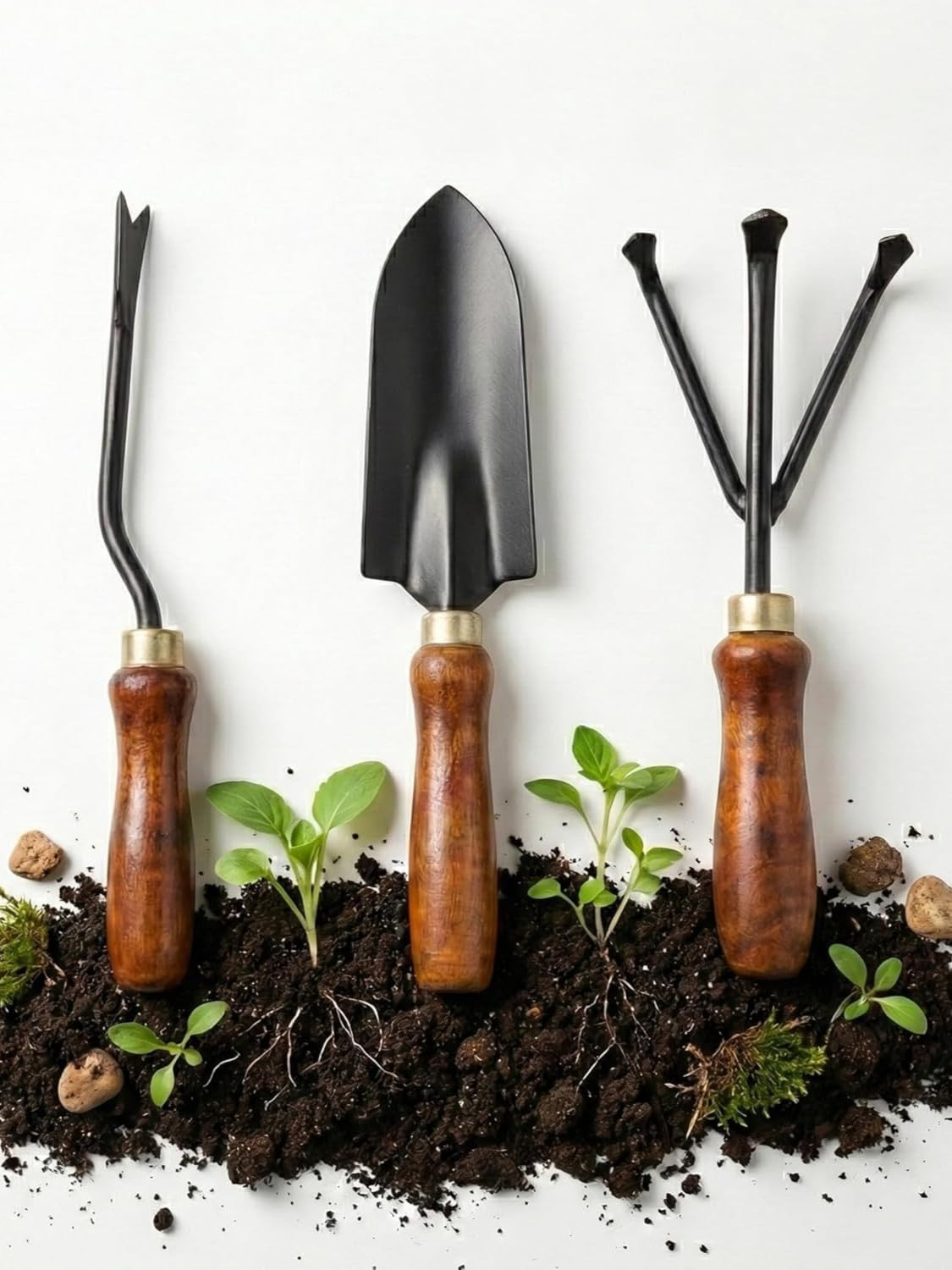 Wooden Handle Garden Tools Balcony Essentials (3 Pieces) | Small Trowel, Weeder & Cultivator | Metal Garden Tools