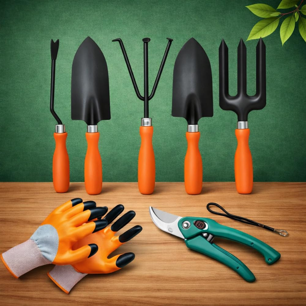 Gardening Tools Kit for Home Garden - (Cultivator, Fork, Trowels, Weeder, Gloves, Pruner Cutter), Lightweight, Portable, Durable Gardening Items for Indoor and Outdoor Use