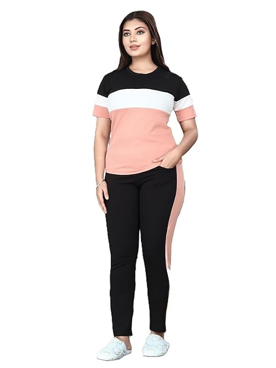 Cotton Blend Tracksuits for Women Half Sleeves Round Neck Woman Workout T-shirt & Pant for Sports Comfortable and Breathable Gym Wear for Womens Tracksuit Set