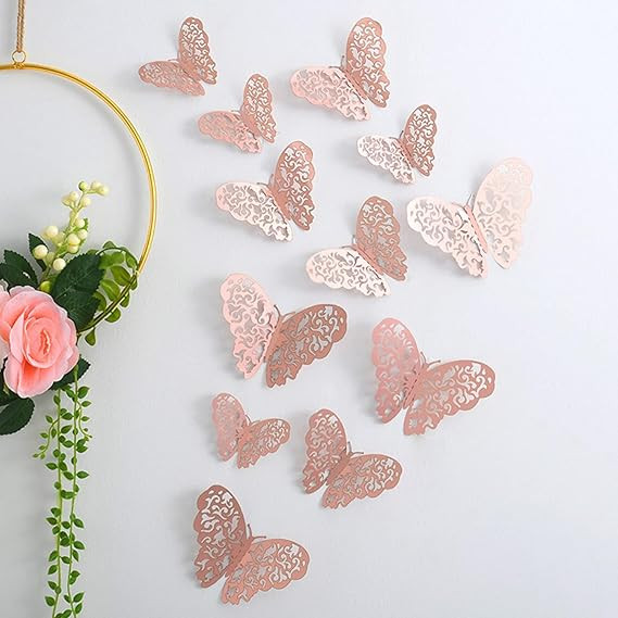 3D Butterfly Wall Stickers Pack of 12 Rose Gold Metallic Butterflies, Removable Self Adhesive Wall Decor for Bedroom, Birthday, Party Decoration, DIY Theme Decoration for Home and Events
