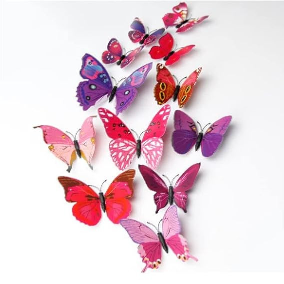 Pink 3D Magnet Butterfly Stickers for Wall Decoration, Decor Items, Butterflies (Set of 12)