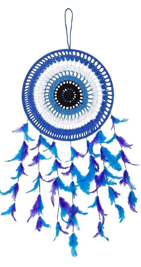 Evil Eye Crochet Dream Catchers for Decoration-Wall Hangings for Home Decor Bedroom/Livingroom/Balcony, Peacock Feathers Hanging Windchimes (Pack of 1) (W-30CM & H-75CM) (Blue)