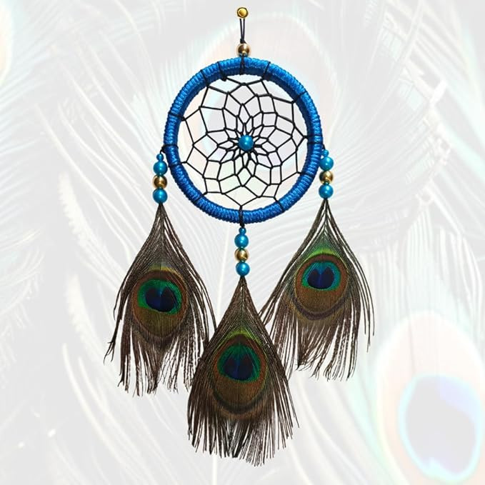 Handcrafted Peacock Feather Dream Catcher, Green with Beads, Wall Hanging Decor for Car, Bedroom and Living Room (Blue)