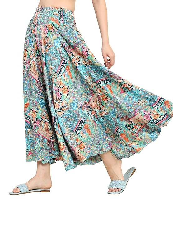 Women's Printed Flared Palazzo Pants for Women, Wide Leg High Waist Casual Skirt Style Trousers, Ethnic Bottom Wear