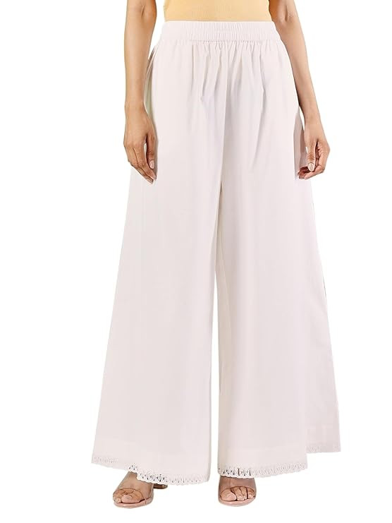 Women's White Cotton Solid Palazzo with Lace