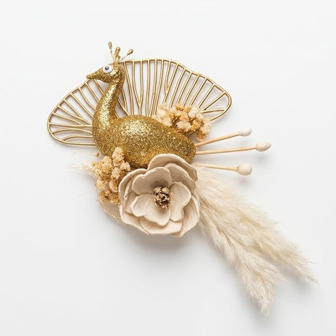 Handmade Dried Floral Peacock Decor | Gold Glitter Peacock with Sola Wood Flower, Pampas Grass & Preserved Botanicals | Luxury Wedding Trousseau Packing, Gift Hamper Decoration