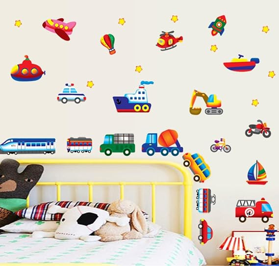 Cartoon Cars Train Motor Bike Ship wall Stickers for Kids, wall Stickers for Kids Room, Kids wall Stickers for Kids Room, Baby Room Decoration Items, Cartoon wall Stickers (50 * 70 CM)