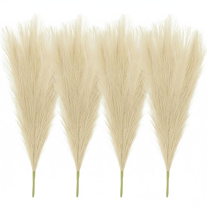 Pack of 4 Pcs Artificial Flowers Pampas Grass Small Fake Flower Plant for Home Decor, Office, Bedroom, Living Room, Table Decoration, Dried Plants (Without Vase Pot) (Off White)