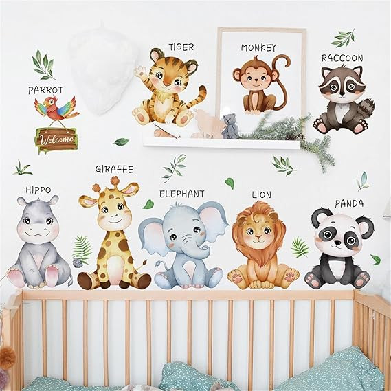 Cute Jungle Animals Kids Room Wall Sticker for Bedroom Nursery Playroom Decor Lion Elephant Giraffe Tiger Monkey Panda Raccoon Hippo Parrot | Self Adhesive Peel and Stick Wall Decoration