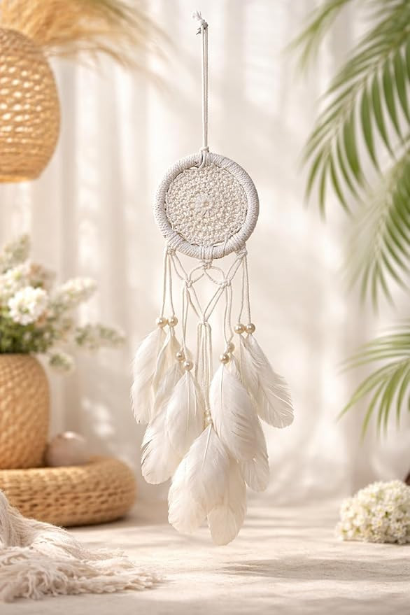 Handmade 3 Inch Dream Catcher Wall Hanging– Boho Wall Hanging Decor with Feathers & Pearls – Spiritual Protection Ornament for Bedroom, Nursery, or Living Room (White)