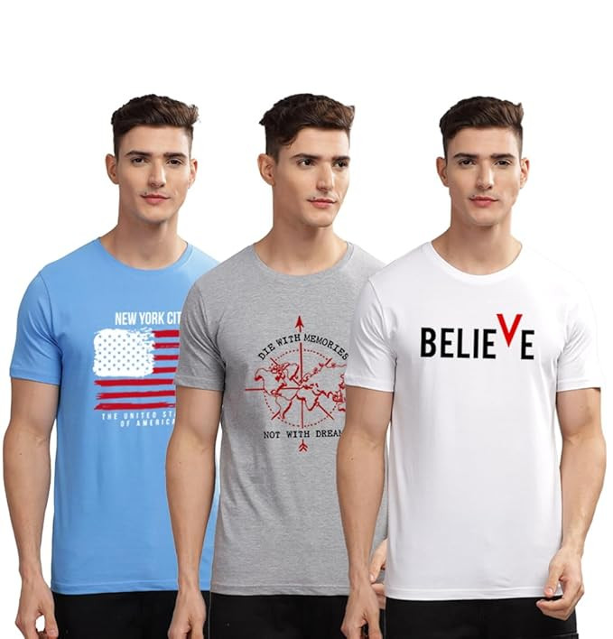 100% Cotton Lycra Tshirts for Men Combo Pack of 3 | Regular Fit | Printed T Shirt | Round Neck Half Sleeve| Mens Tshirts