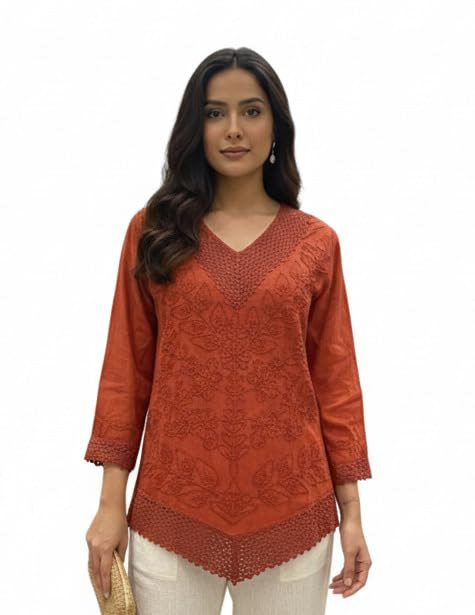 Rust Women Rayon Top V Neck Embroidered Casual Ethnic Wear Stylish Comfortable Daily Office Party Top