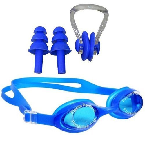 TA Swimming Goggles Set with Nose Clip and Ear Plugs, Blue, Anti-Fog Lenses