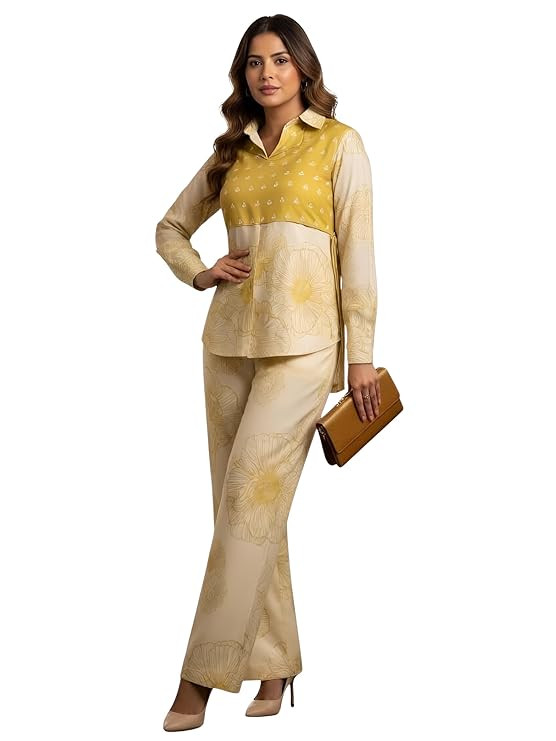 TA Co Ord Set for Women Stylish | 3 Piece Kurti Set for Women | Dress for Woman | Printed Co-Ord Set with Collar Neck | Kurta Sets for Woman | Summer Full Sleeve Top Pant Outfits