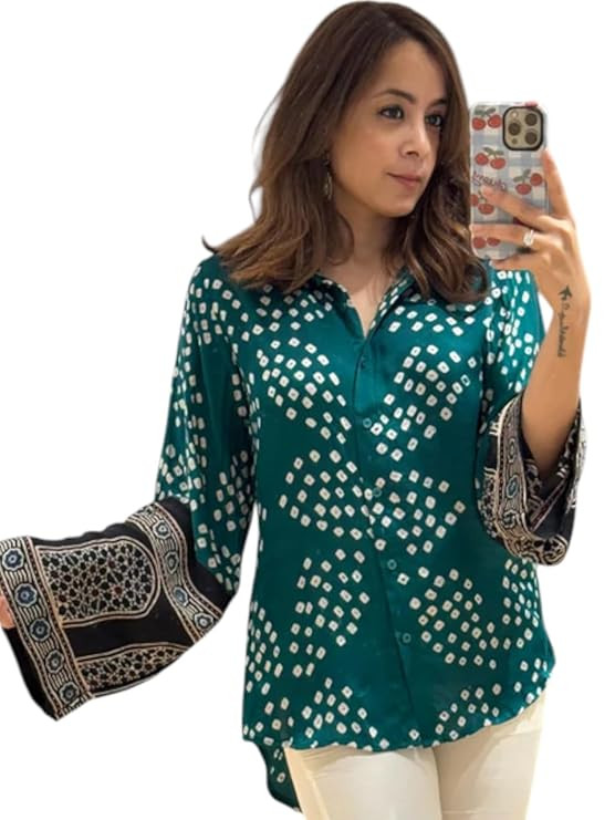 TA Women’s Printed Casual & Ethnic Fusion Rayon Shirt with Designer Bell Sleeves || Stylish Button-Down Shirt || Casual Top for Daily & Office Wear || Bell Sleeve Designer Top