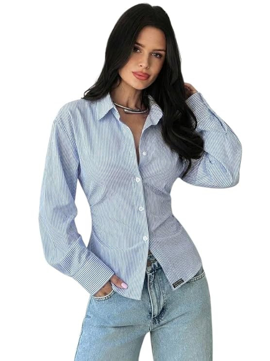 TA Women's Striped Button-Down Shirt with Corset Lace-Up Back, Long Sleeve, Fitted Blouse