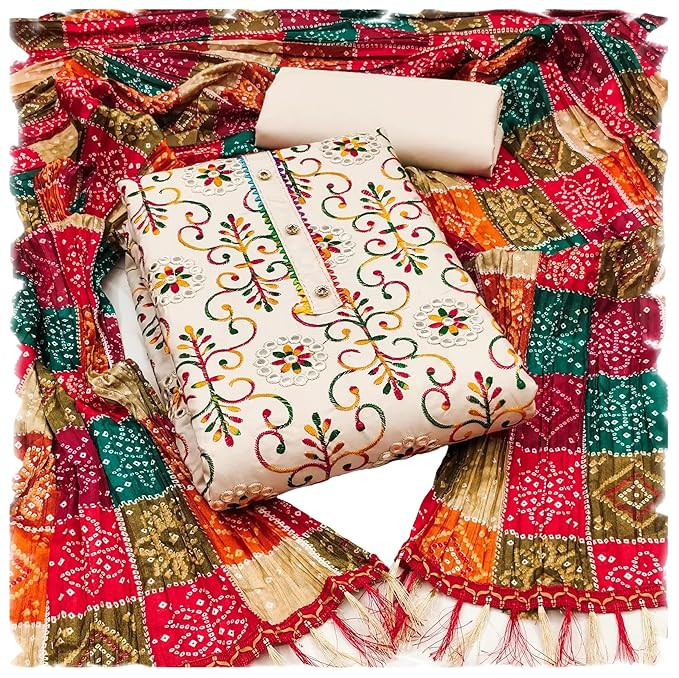 TA Women's Poly Cotton Embroidery Work Unstitched Salwar Suit Dress Material With Bandhej/Bandhani Print Dupatta (Free Size)