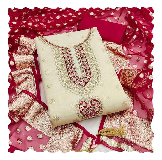 Womens Shimmer Butti Neck Work Unstitched Dress Material with Heavy Jacquard Dupatta Ethnic Salwar Kameez Ethnic Set
