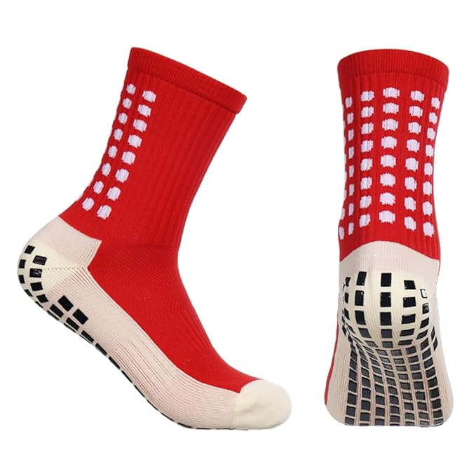 TA Professional Football Socks, Rubber Anti-Slip Design Sport Soccer Breathable Sport Compression Socks for Men & Women, for Badminton Soccer Running Gym Indoor Training, Red
