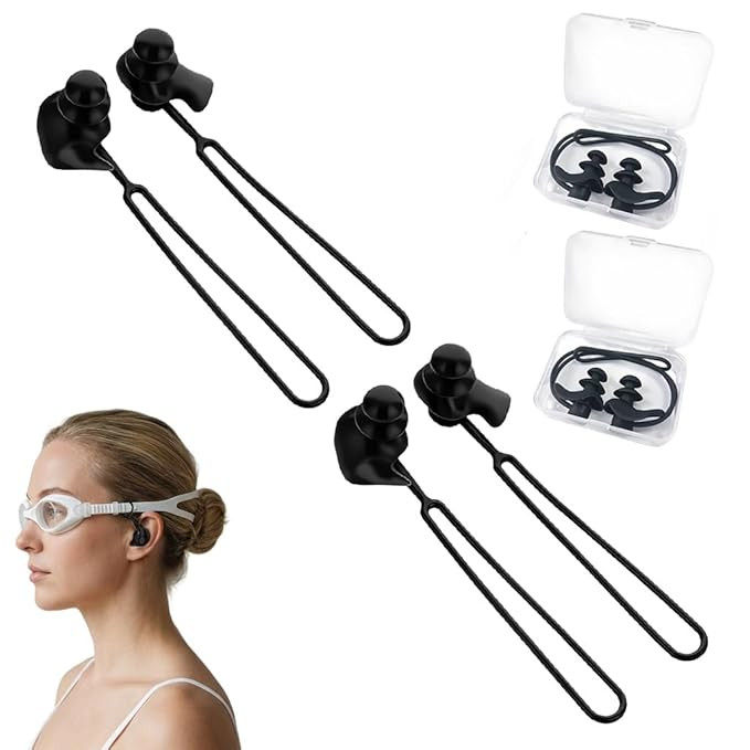 TA 4 Pcs Silicone Swim Ear Plugs for Swimming, with Fixing Strap & Storage Box, Double Layer Mushroom, Anti-lost Adults Swim Adults Ear Plugs, Perfect Fit Ergonomic Designed