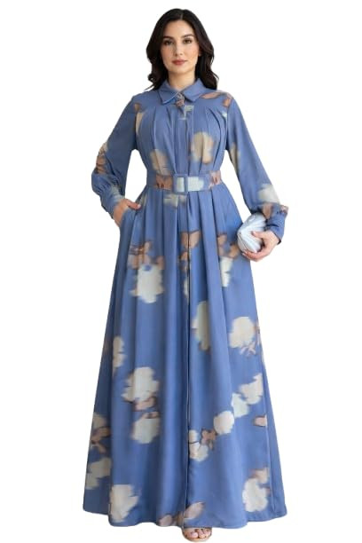 TA Women Printed Georgette Abaya Burqa with Belt Full Sleeve Modest Wear Islamic Abaya Utility Pockets Without Dupatta