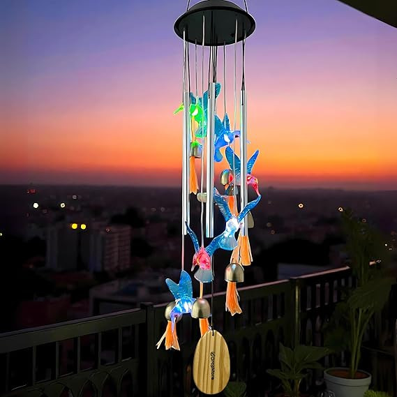 TA Solar Hummingbird Wind Chime with Color-Changing LED – 6 Bells & 4 Metal Rods – Waterproof Outdoor Hanging Light for Garden, Balcony, Patio & Yard – Gift for Home Decor (Blue)