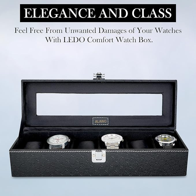 TA Watch Box Organizer Holder Case with 6 slots of Watches in Transparent Display with Black Color in PU Leather