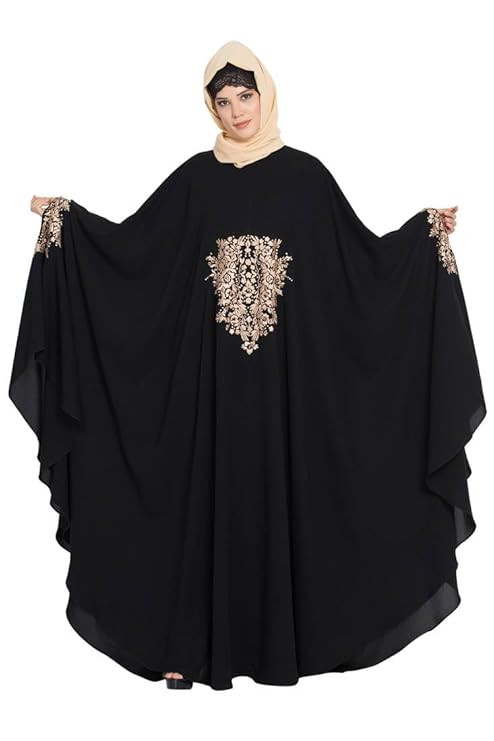 TA Women's Black Kaftan Abaya with Gold Floral Embroidery, Bat Sleeve Modest Islamic Wear Irani kaftan design Abaya for women