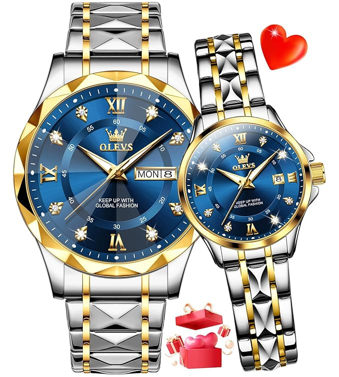 TA   Couple Watch Set His & Her Matching Watches with Luxury Diamond Accents-Two-Tone Silver Strap,Blue Dial Valentine's Day Stainless Steel Original Quartz Watch Lovers Set