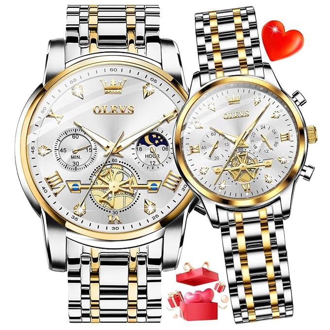 TA Couple Watch Set His & Her Matching Watches with Luxury Diamond Accents-Two-Tone Silver Strap,Blue Dial Valentine's Day Stainless Steel Original Quartz Watch Lovers Set