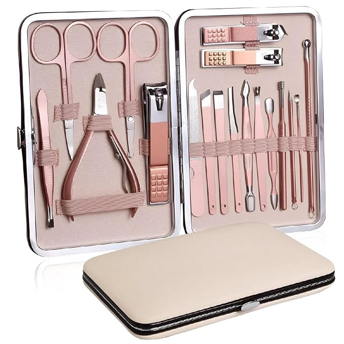 TA 18-Piece Manicure Pedicure Kit | Stainless Steel Nail Clipper Set for Hand, Foot & Facial Care | Professional Grooming Tools with Travel Storage Case for Men & Women - Pink