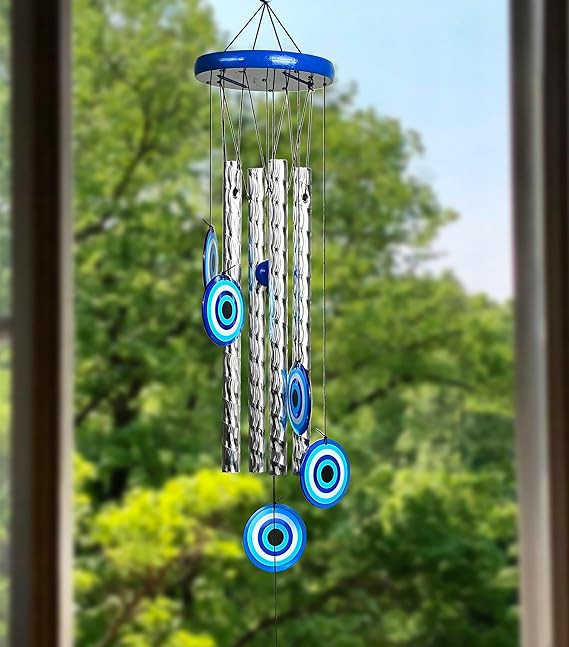 TA Evil Eye Wind Chimes for Home and Garden – Hanging Decoration Items for Positive Energy, Home Décor and Wall Décor | Housewarming Gifts Room Décor for Living Room and Bedroom, 4 Silver Pipe