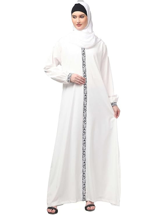 TA White Embroidered Abaya Dress for Women, Long Sleeve Islamic Modest Wear with Black Floral Trim, Polyester, Regular Fit