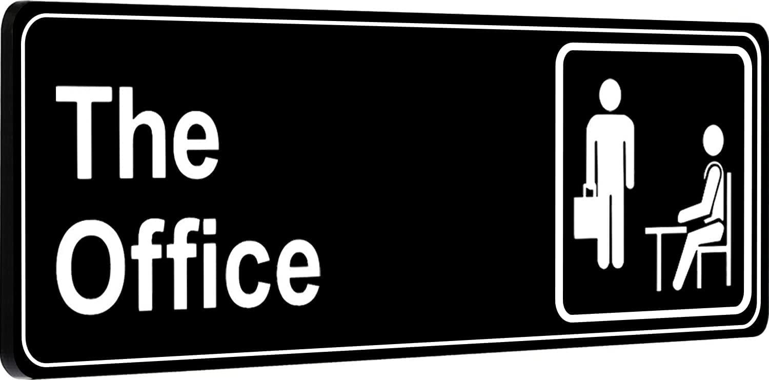 TA The Office Sign, Main Official Self Adhesive Sign for Door or Wall 9 X 3 Inch Quick and Easy Installation Premium Acrylic Design for Your Home Office/Business, White Big Letters on Black Plate