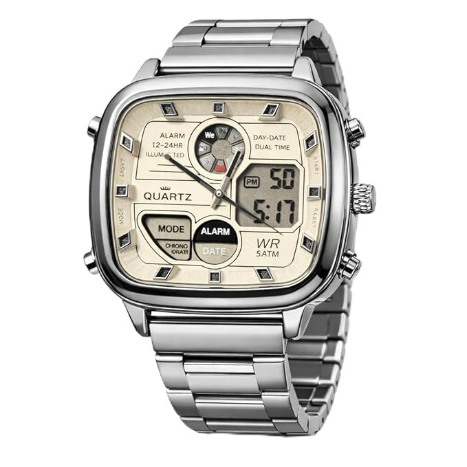 TA Men's Analog Digital Quartz Watch Silver Stainless Steel Strap Square Dial Dual Time Day Date Alarm 5ATM Water Resistant Chronograph Style Wristwear Classic Luxury Sports Formal Casual Bracelet Durable Premium Gift