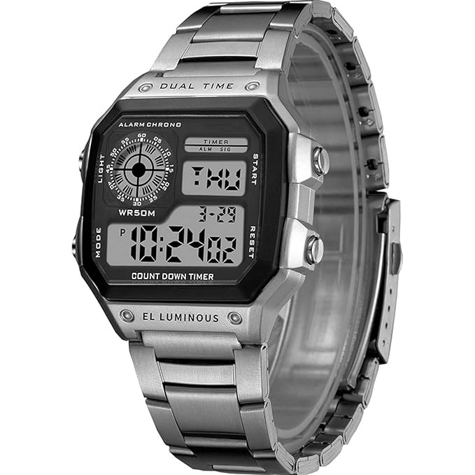 TA Digital Sports Square Black Dial Stainless Steel Strap Unisex Watch (Black Dial & Silver Colored Strap) -WCH53