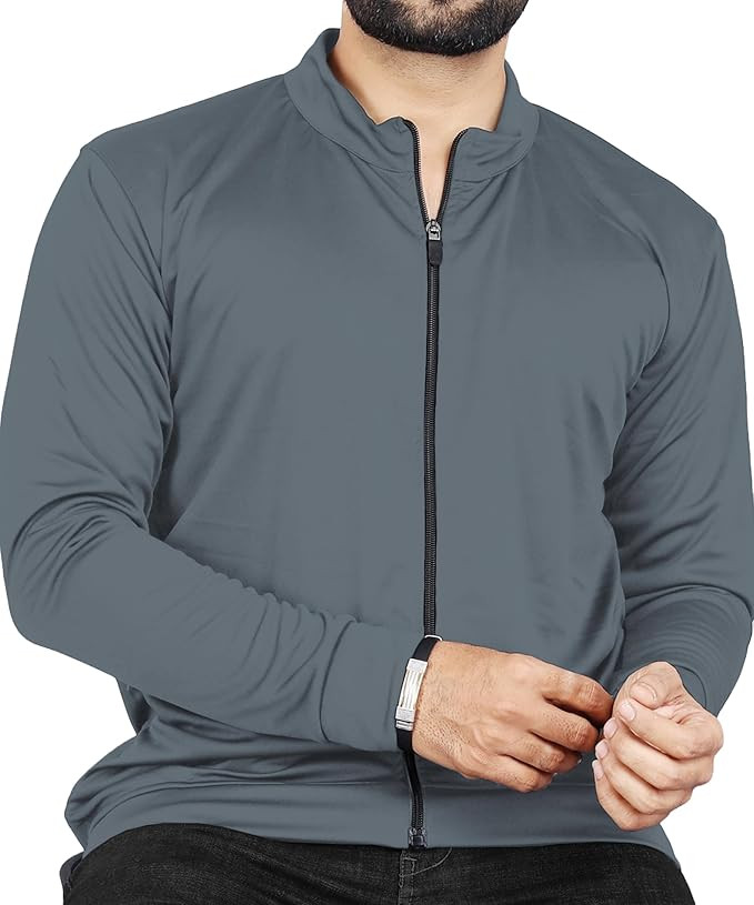 Men Solid Polyester Sports Jacket Long Sleeves Full Zip with Pocket Gym, Running & Travel Upper Wear